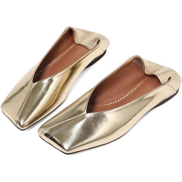 Women's Ballet Flats Square Toe Gold Patent Leather Dress Shoes Loafers Pull-On - Picture 3 of 6